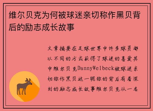 维尔贝克为何被球迷亲切称作黑贝背后的励志成长故事 维尔贝克为何被球迷亲切称作黑贝背后的励志成长故事