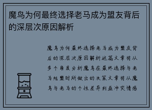 魔鸟为何最终选择老马成为盟友背后的深层次原因解析