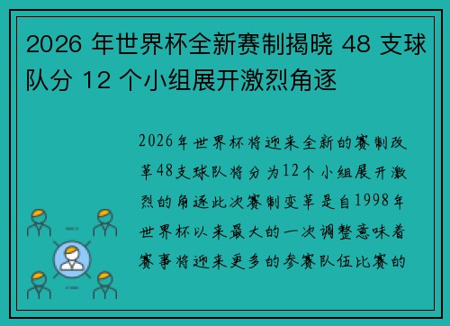 2026 年世界杯全新赛制揭晓 48 支球队分 12 个小组展开激烈角逐