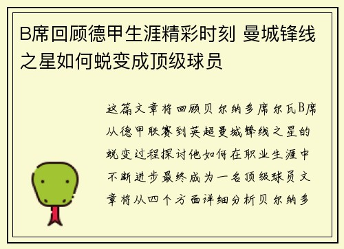 B席回顾德甲生涯精彩时刻 曼城锋线之星如何蜕变成顶级球员 B席回顾德甲生涯精彩时刻 曼城锋线之星如何蜕变成顶级球员